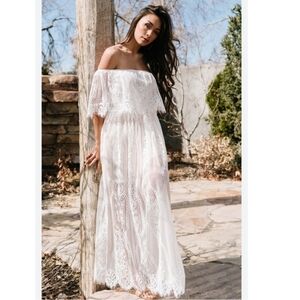 Baltic Born White Nude Caroline Lace Maxi Dress Off-Shoulder